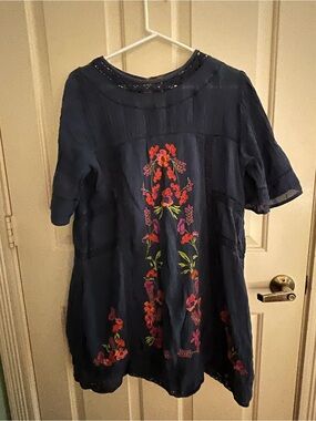 Free People Navy Embroidered Floral Short-Sleeve Dress